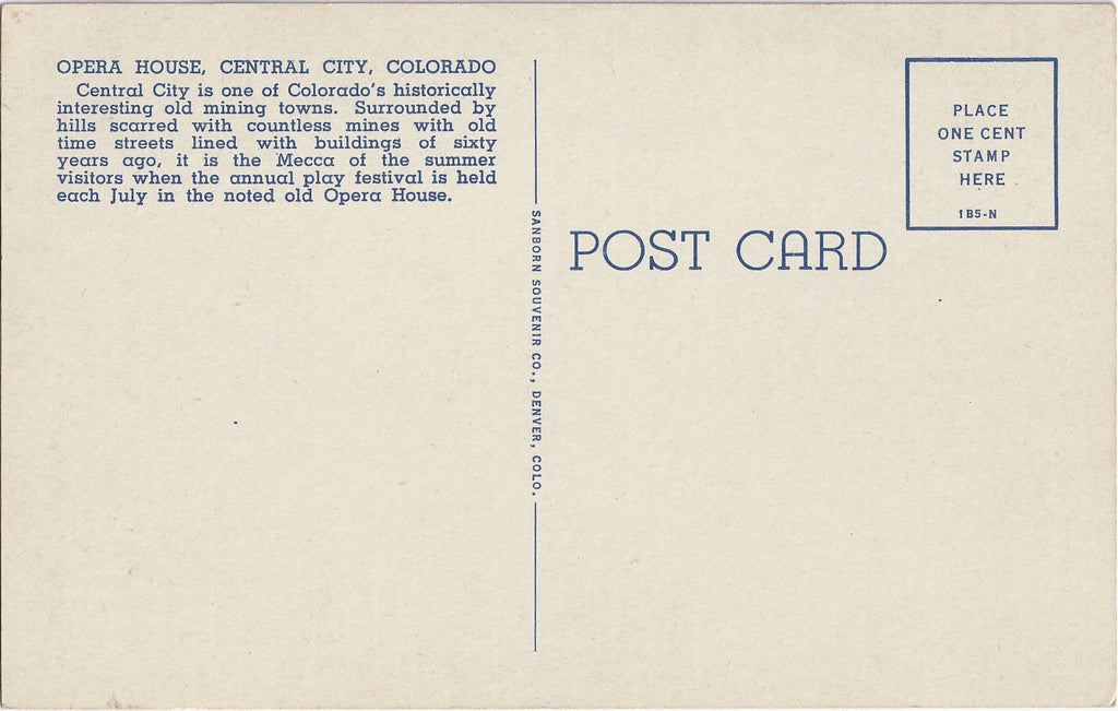 Central City Opera House Colorado Postcard Back