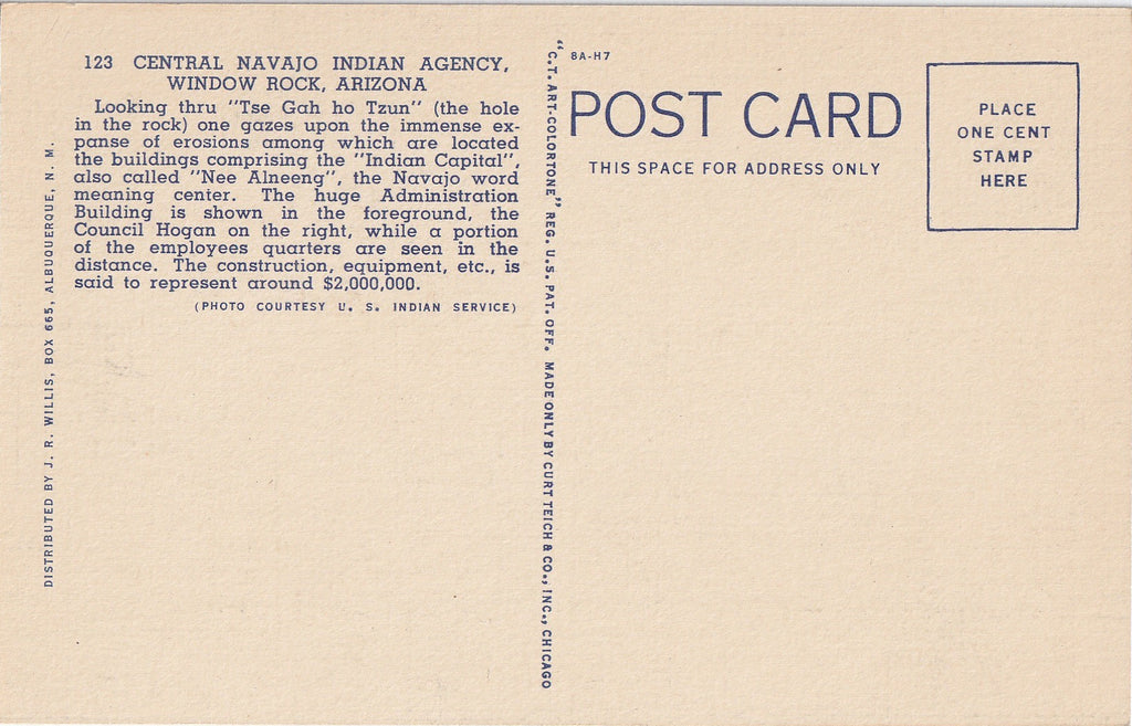 Central Navajo Indian Agency Window Rock Arizona Vintage Postcard Back