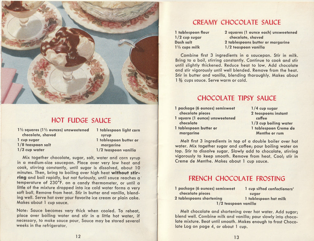 Chocolate Treats Plain and Fancy - Tested Recipe Institute - General Motors Information Rack Service - Booklet, c. 1958  Pg. 12-13