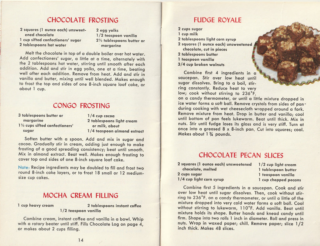 Chocolate Treats Plain and Fancy - Tested Recipe Institute - General Motors Information Rack Service - Booklet, c. 1958  Pg. 14-15