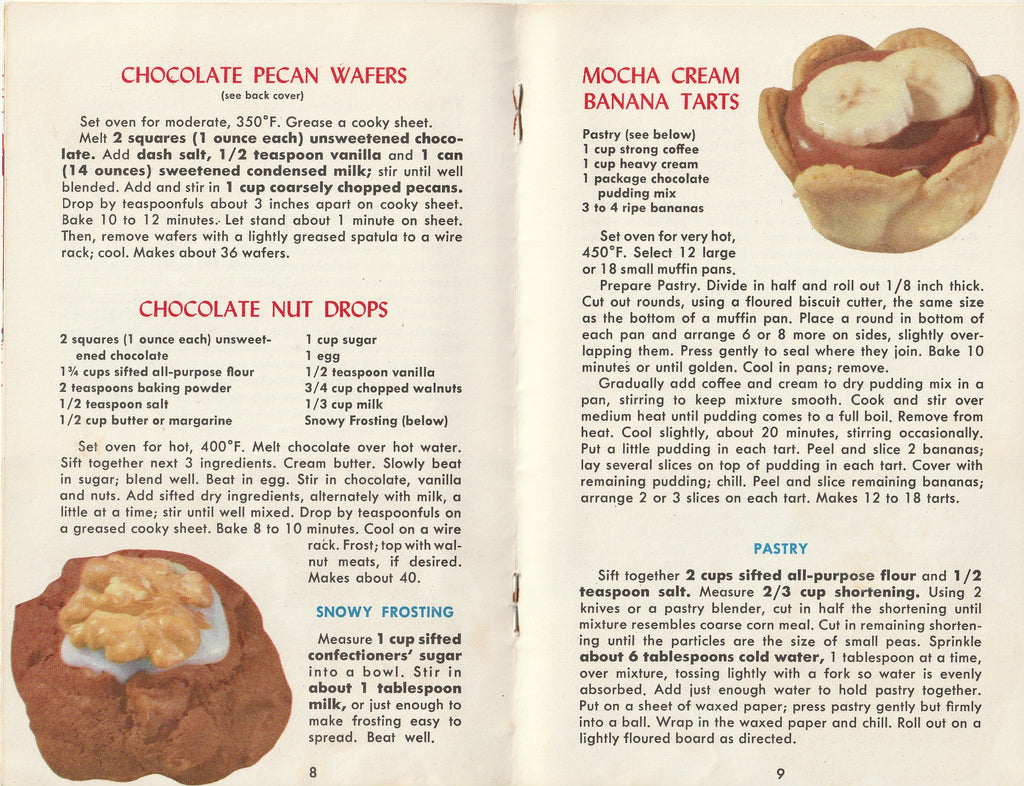 Chocolate Treats Plain and Fancy - Tested Recipe Institute - General Motors Information Rack Service - Booklet, c. 1958  Pg. 8-9