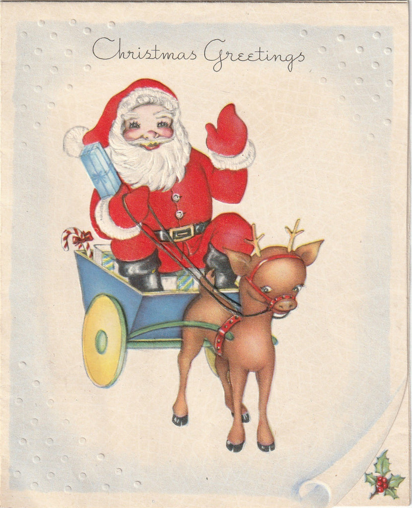 Christmas Greetings - Santa and Reindeer - Card, c. 1940s