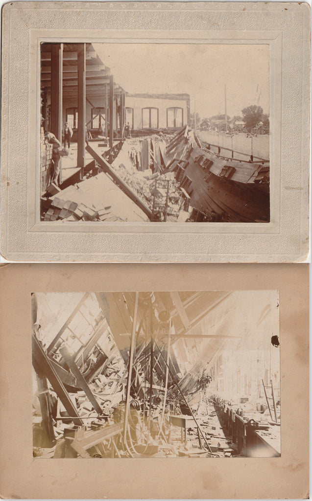 Clinton Lock Company Disaster - Partially Collapsed Building - Clinton, IA - SET of 2 - Cabinet Photos, c. 1900