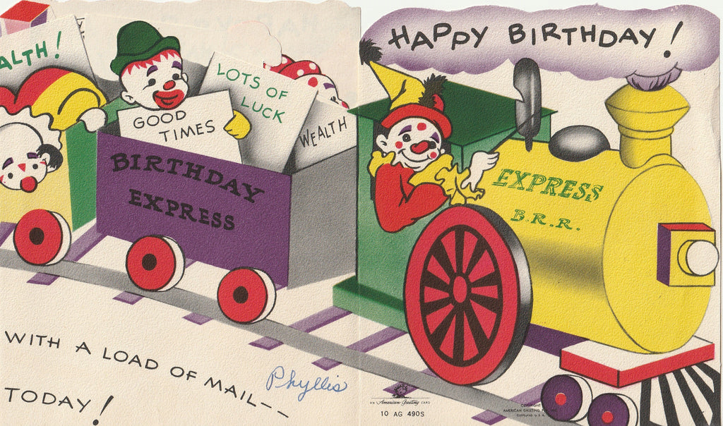Birthday Express - Clown Train Joy and Fun - American Greeting Card, c. 1940s Inside 2