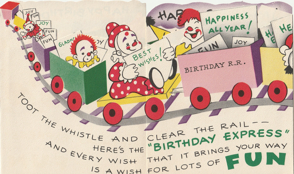 Birthday Express - Clown Train Joy and Fun - American Greeting Card, c. 1940s Inside