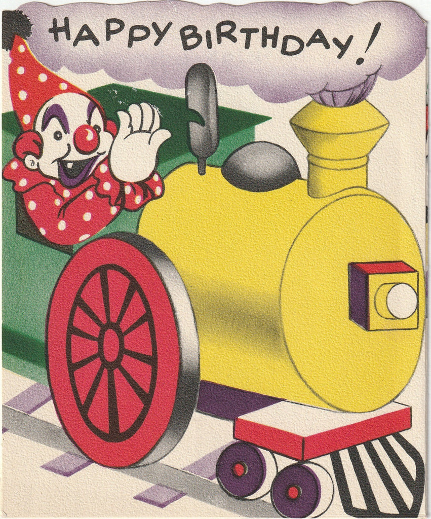 Birthday Express - Clown Train Joy and Fun - American Greeting Card, c. 1940s