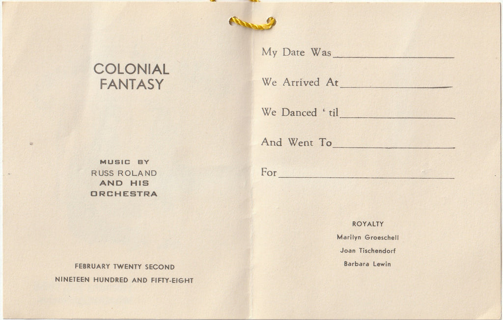 Colonial Fantasy - Milwaukee Auditorium - February 22, 1958 - Russ Roland and His Orchestra - Dance Card, c. 1950s