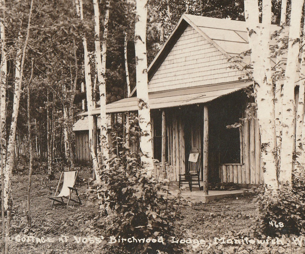 Cottage at Voss' Birchwood Lodge Manitowish WI RPPC, c. 1920s Close Up