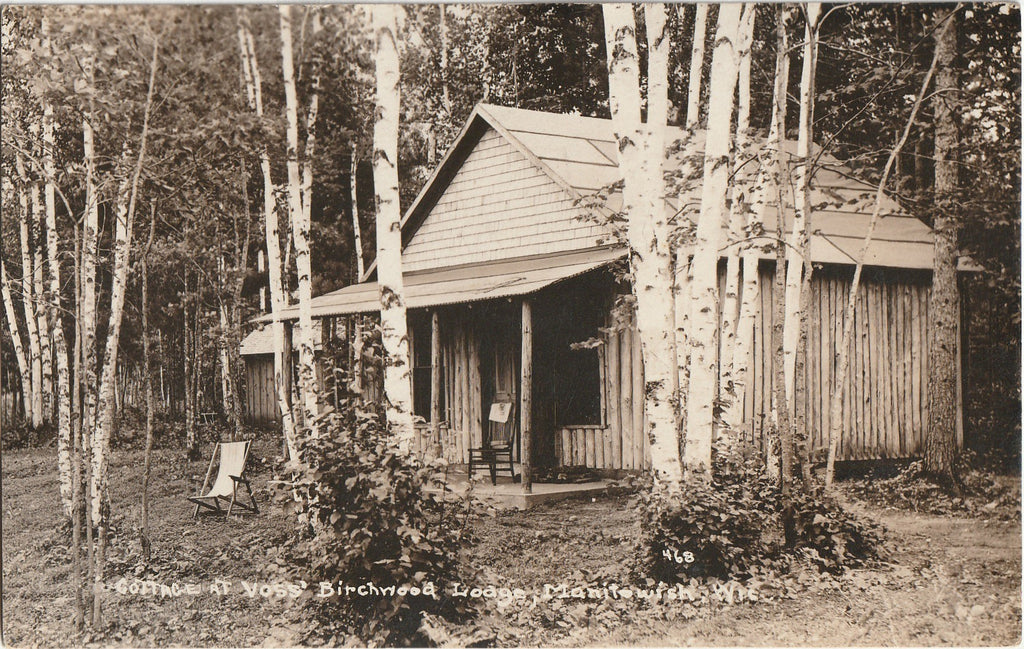 Cottage at Voss' Birchwood Lodge Manitowish WI RPPC, c. 1920s
