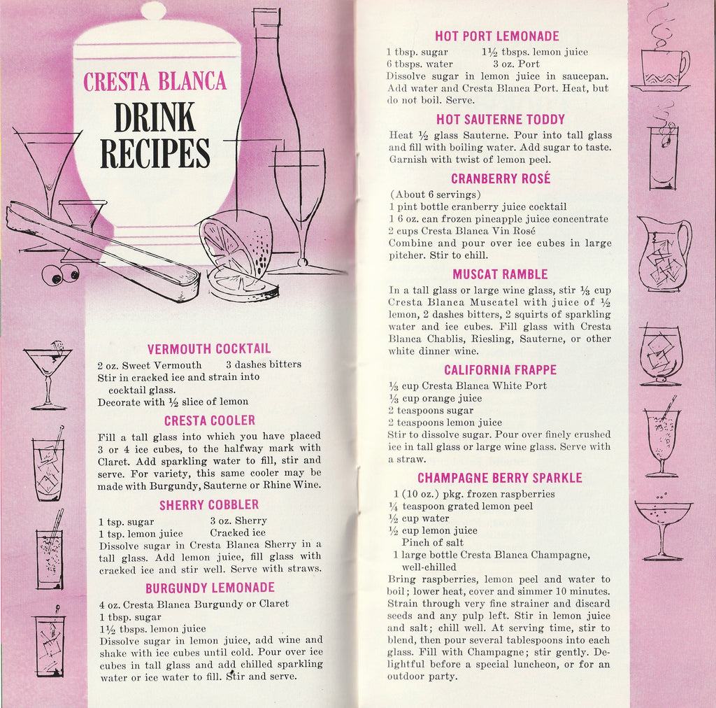 Cresta Blanca California Wines - Party and Recipe Book - Booklet, c. 1960s - Drink Recipes 