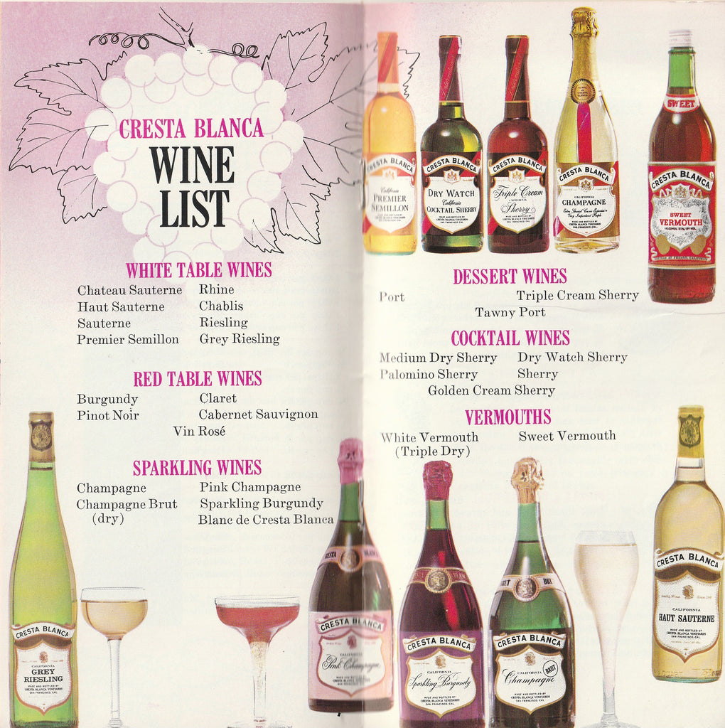Cresta Blanca California Wines - Party and Recipe Book - Booklet, c. 1960s Wine List 