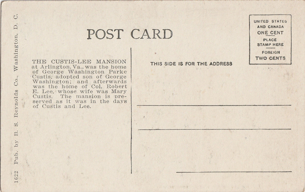 Custis-Lee Mansion Arlington Virginia Antique Postcard Back