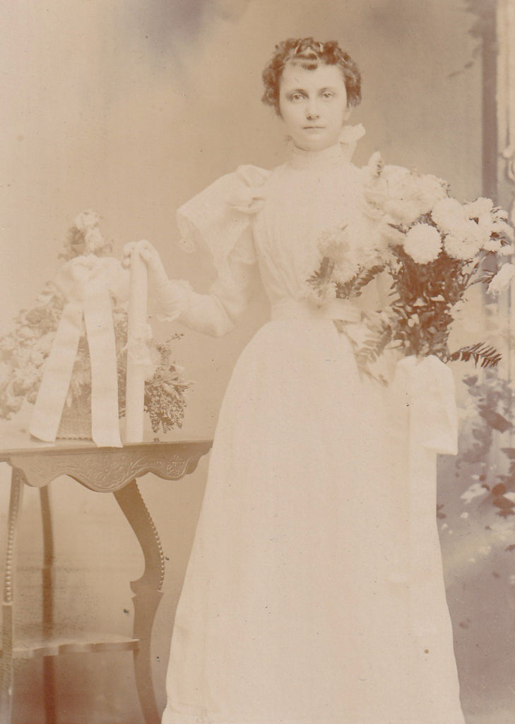 Victorian Confirmation Girl Holding Dahlia Flowers - Cabinet Photo, c. 1800s Close Up