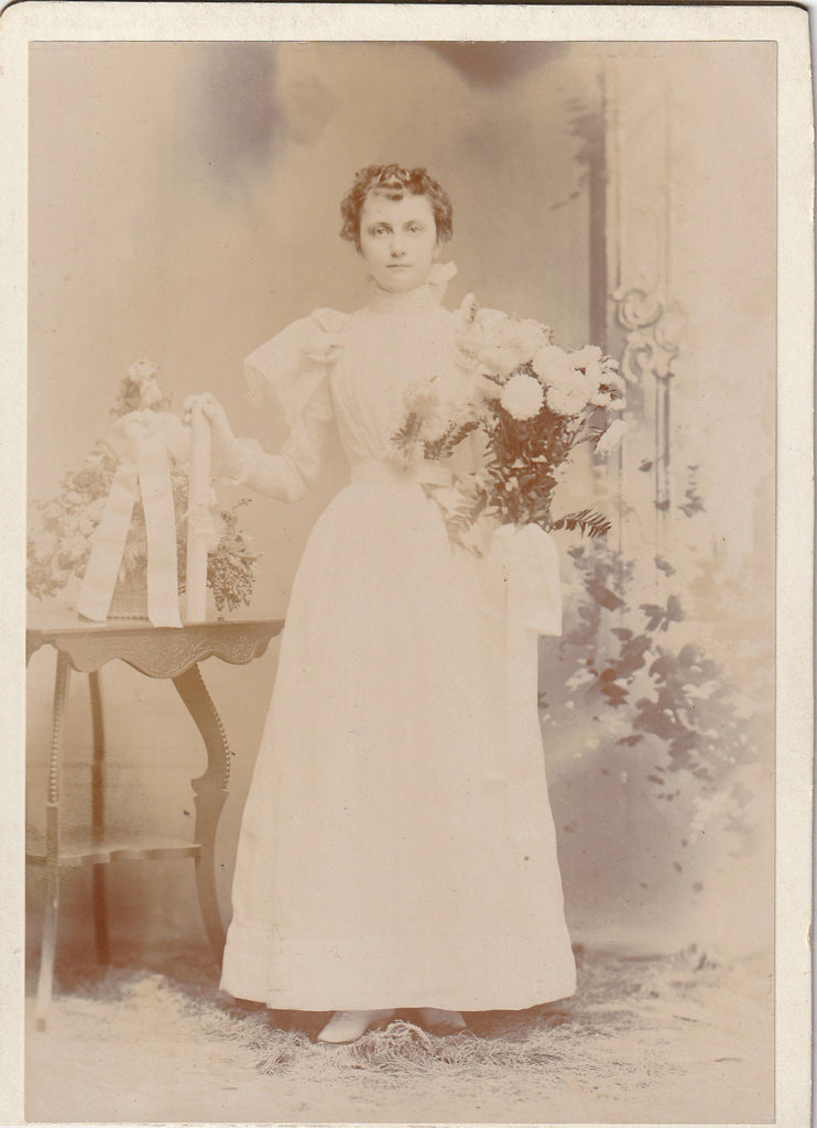 Victorian Confirmation Girl Holding Dahlia Flowers - Cabinet Photo, c. 1800s