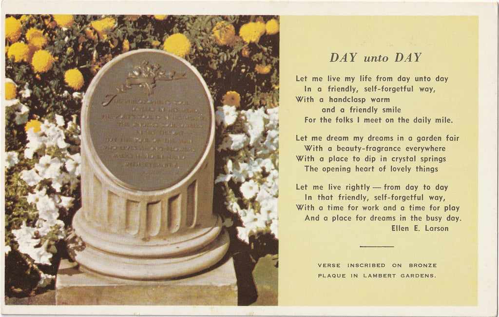 Day Unto Day by Ellen E. Larson - Plaque in Lambert Gardens -Portland, OR - Postcard, c. 1950s