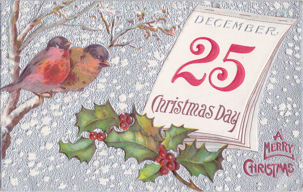 Christmas Day- 1910s Antique Postcard- December 25th- Calendar Card- Edwardian Holiday Decor- Winter Birds- Embossed- Used