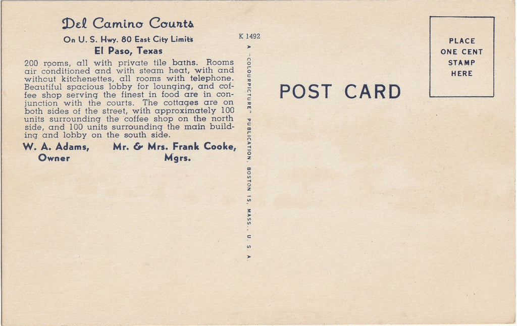 Del Camino Courts - El Paso, Texas - Postcard, c. 1950s Back