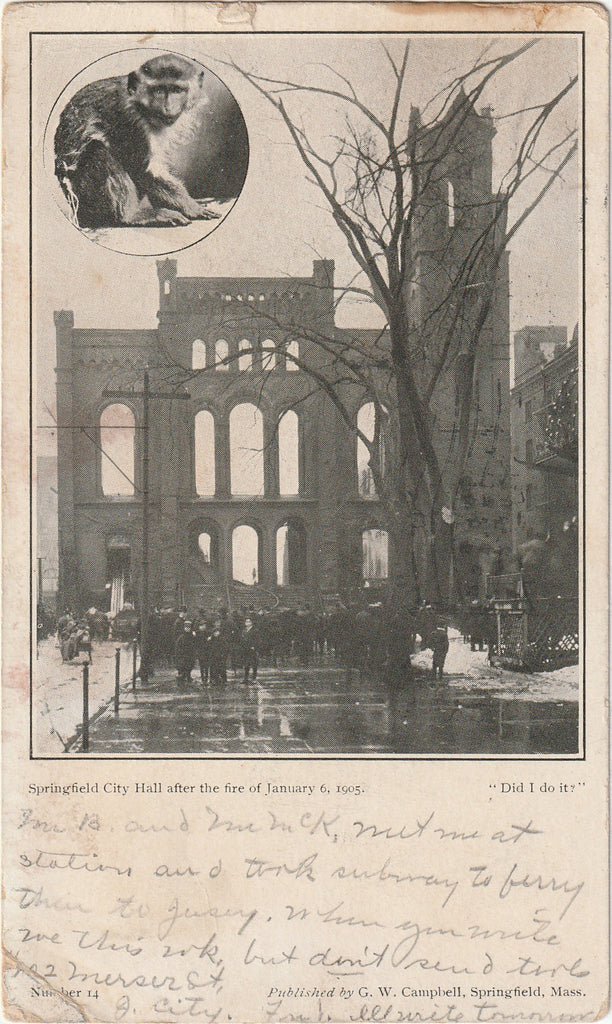 Did I Do It - Springfield City Hall After the Fire Started by Monkey - G. W. Campbell - Springfield, MA - Postcard, c. 1905