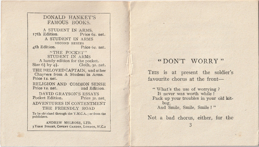 Don't Worry by Donald Hankey YMCA Booklet Inside