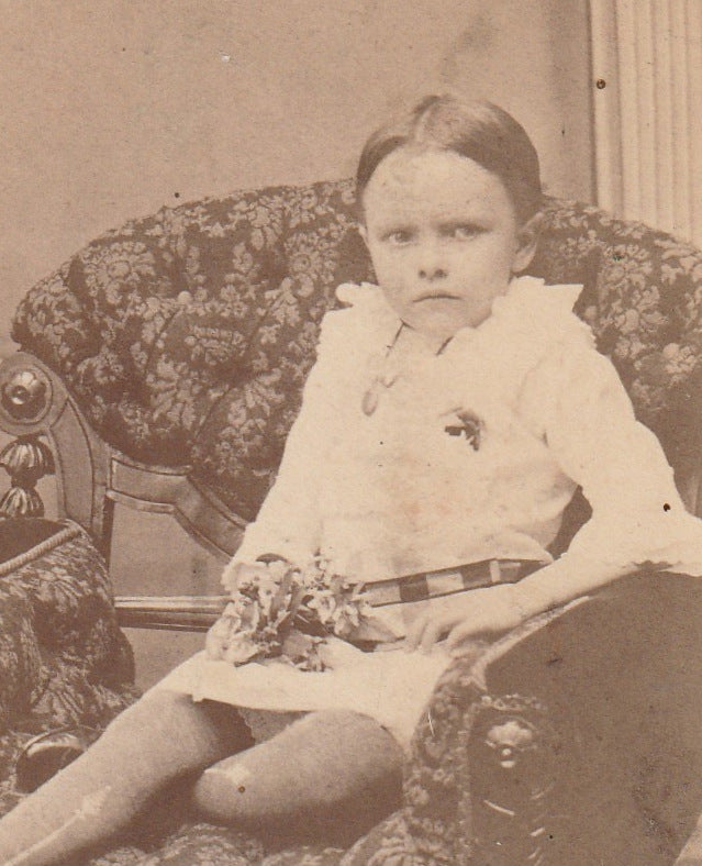 Dour Darling - Victorian Boy in Dress - Rogers Fine Art Gallery - Frostburg, MD - CDV Photo, c. 1800s Close Up