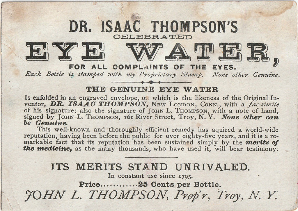 Dr. Isaac Thompson's Eye Water - Troy, NY - Mayer, Merkel & Dittman - Trade Card, c. 1800s Back
