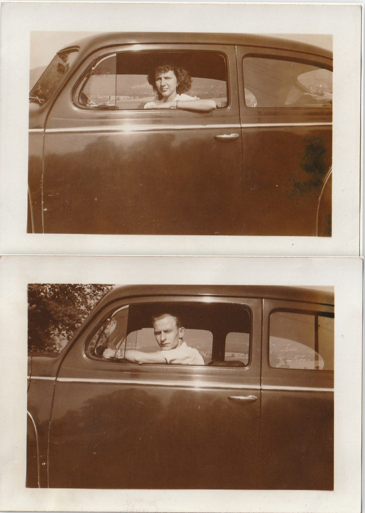 Driver's Side Window - Couple Posing in Car - SET of 2 - Snapshots, c. 1940s