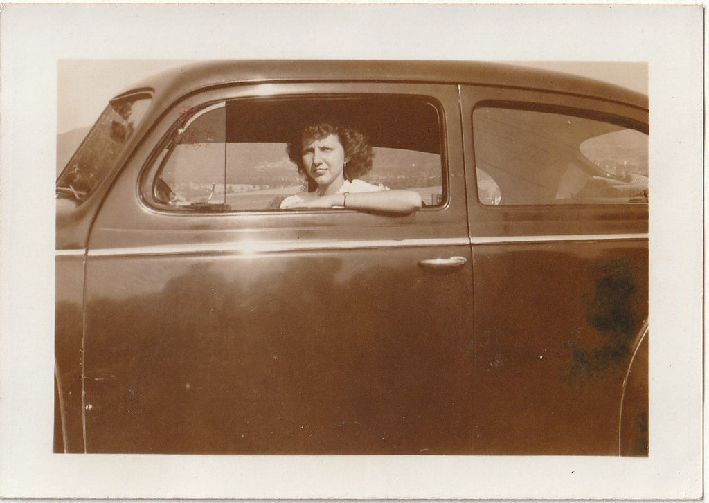 Driver's Side Window - Couple Posing in Car - SET of 2 - Snapshots, c. 1940s 1 of 2