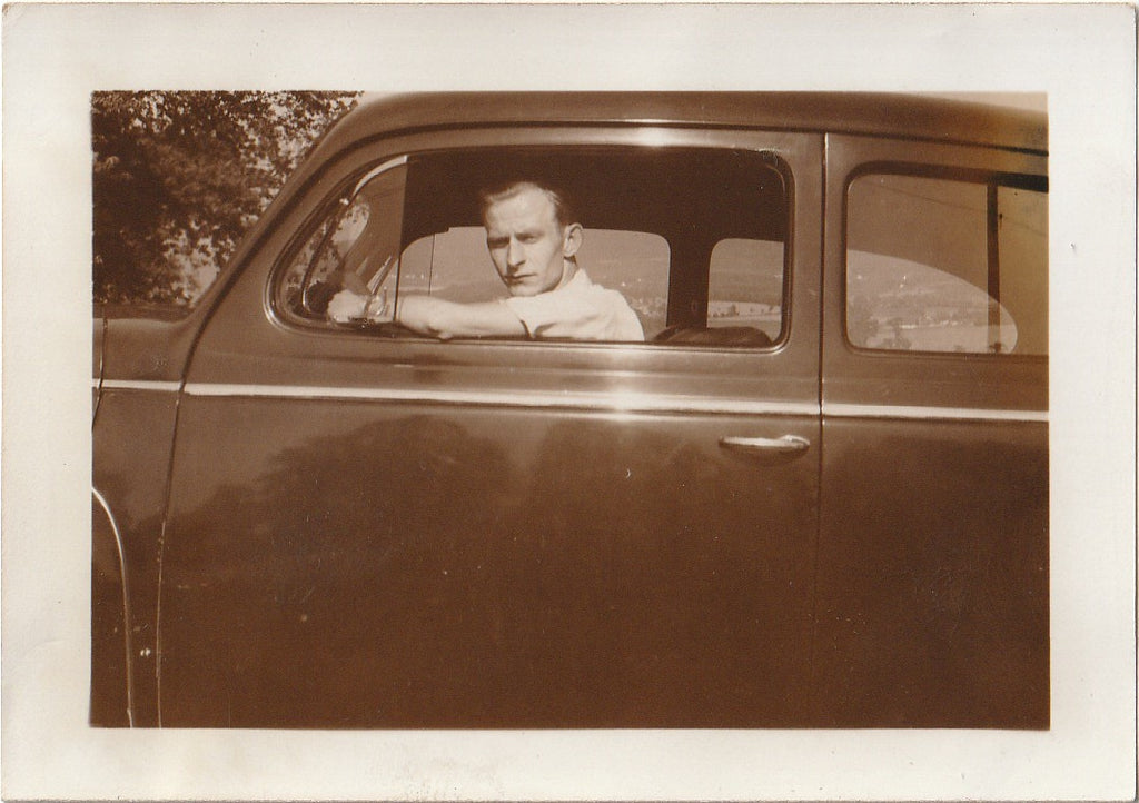 Driver's Side Window - Couple Posing in Car - SET of 2 - Snapshots, c. 1940s 2 of 2