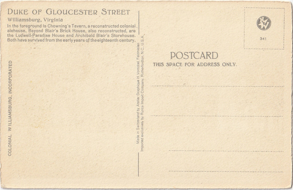 Duke of Gloucester Street Williamsburg Virginia Postcard Back