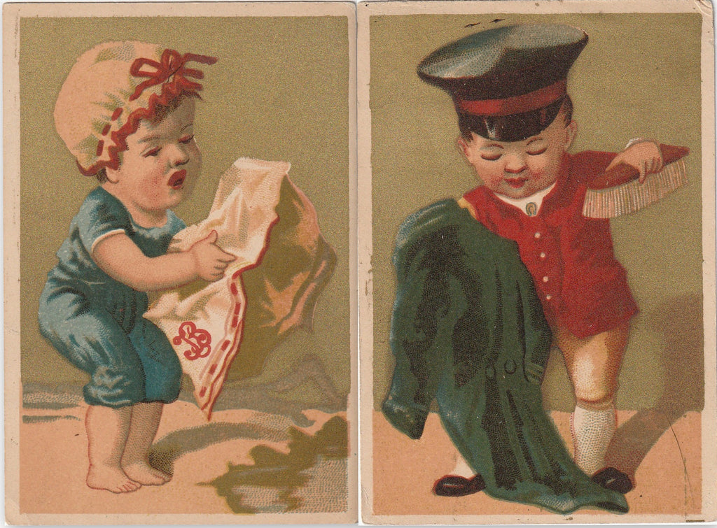 Dusting and Sweeping - SET of 2 - Victorian Trade Cards, c. 1800s
