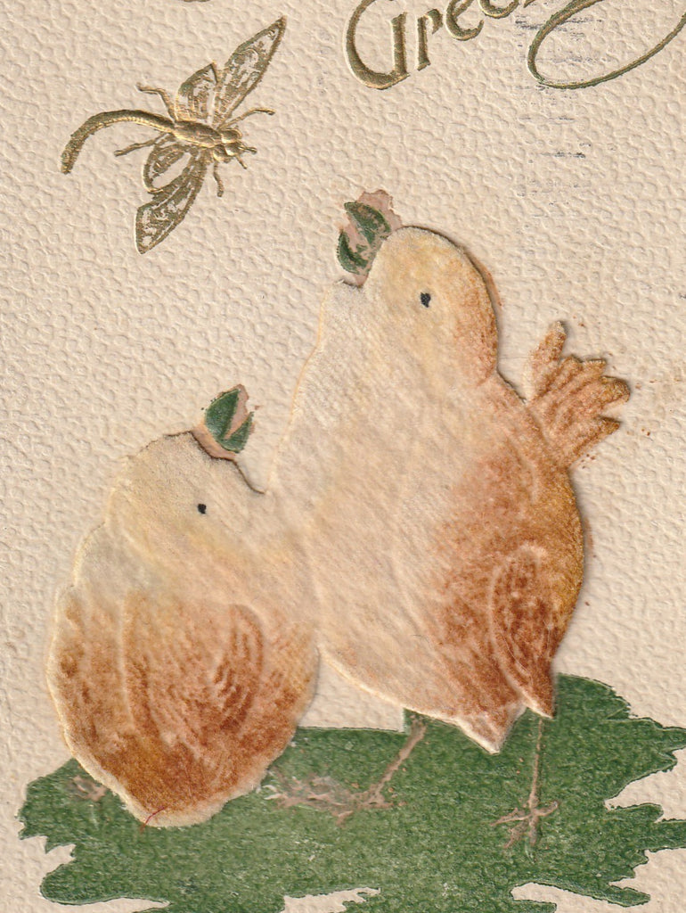Easter Chicks and Dragonfly - Postcard, c. 1900s Close Up
