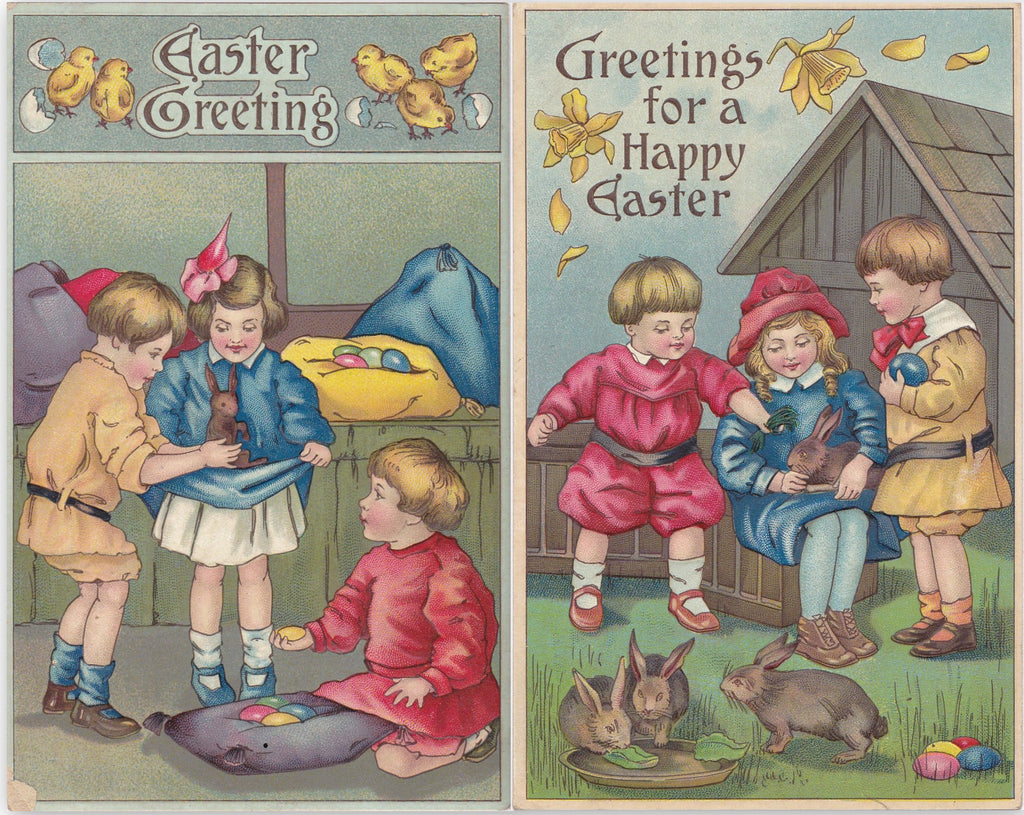 Baby Easter Bunny- 1910s Antique Postcards- SET of 2- Edwardian Children- Easter Eggs- German-Made- Used