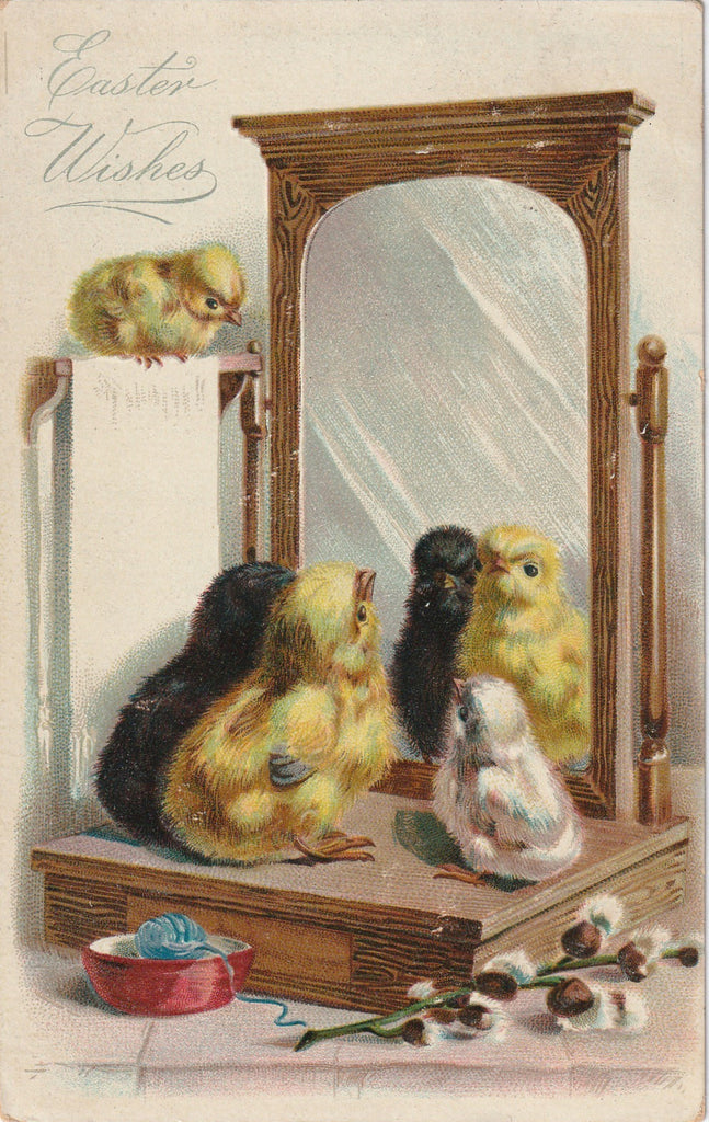 Easter Wishes Mirror Reflection Antique Postcard