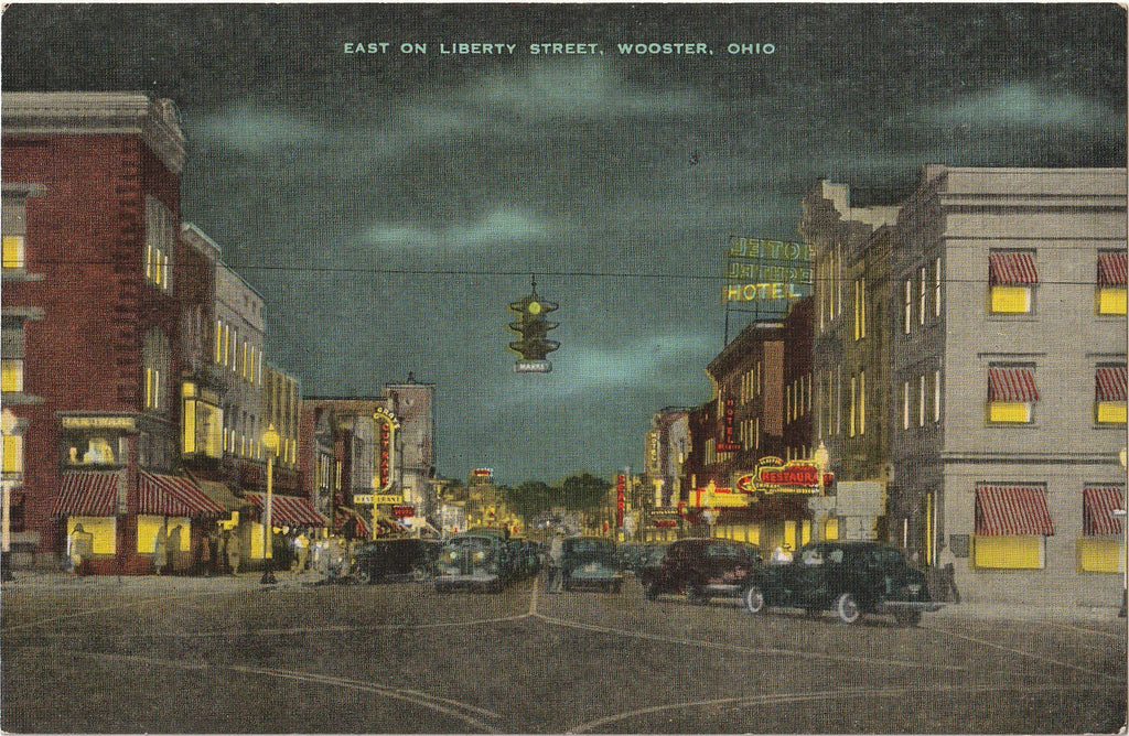 East on Liberty Street - Night Scene - Wayne County, Wooster, Ohio - Postcard, c. 1930s