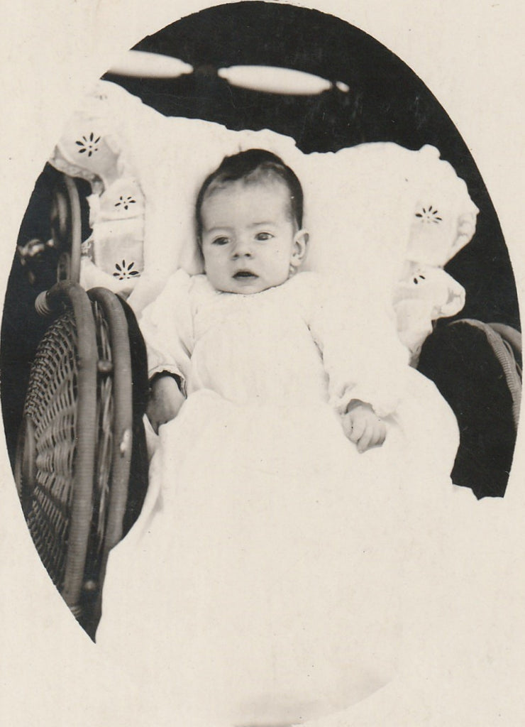 Edwardian Baby in Wicker Buggy - RPPC, c. 1910s Close Up