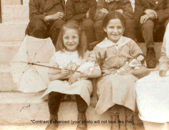 Edwardian Children Outside Hospital With Dolls - Photo, c.1900s Contrast Enhanced