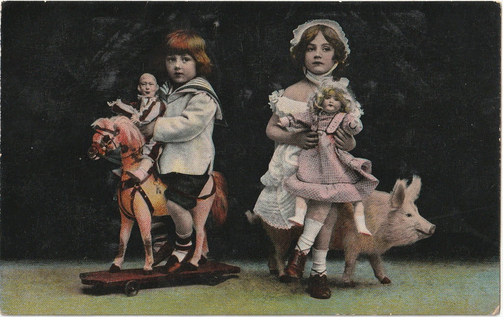 Edwardian Playthings - Children with Dolls - Creepy Toys - Theochrom Postcard, c. 1900s