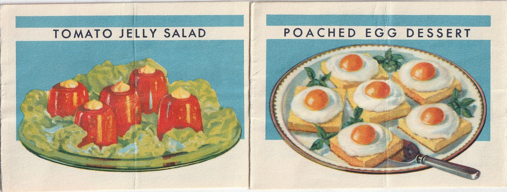 Tomato Jelly Salad Poached Egg Dessert- Entertaining Round the Calendar the Easy Knox Way - Gelatin Recipes - Booklet, c. 1938