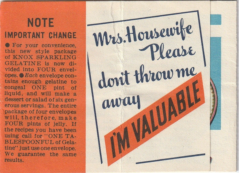 Mrs. Housewife Please Don't Throw Me Away I'm Valuable - Entertaining Round the Calendar the Easy Knox Way - Gelatin Recipes - Booklet, c. 1938
