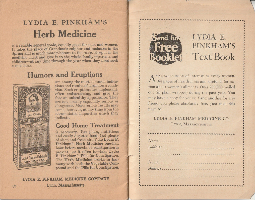 Famous Women of History - Lydia E. Pinkham Medicine Company - Booklet, c. 1920s - Inside Back Cover