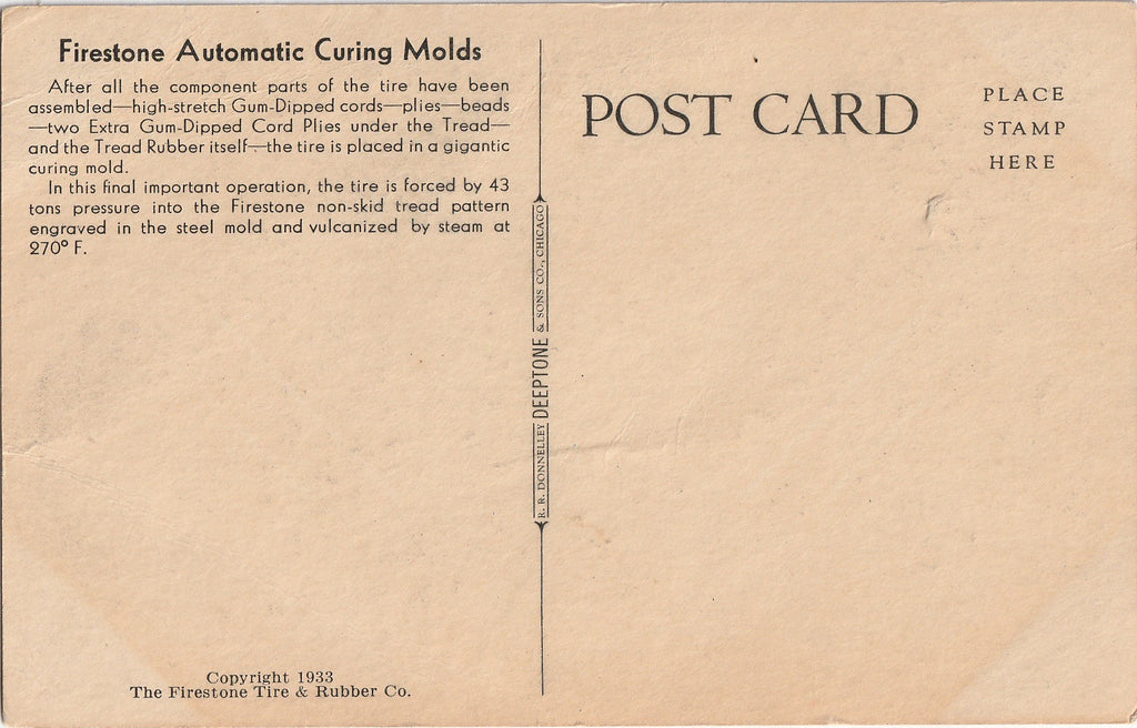 Firestone Automatic Curing Molds Century of Progress Chicago Postcard Back