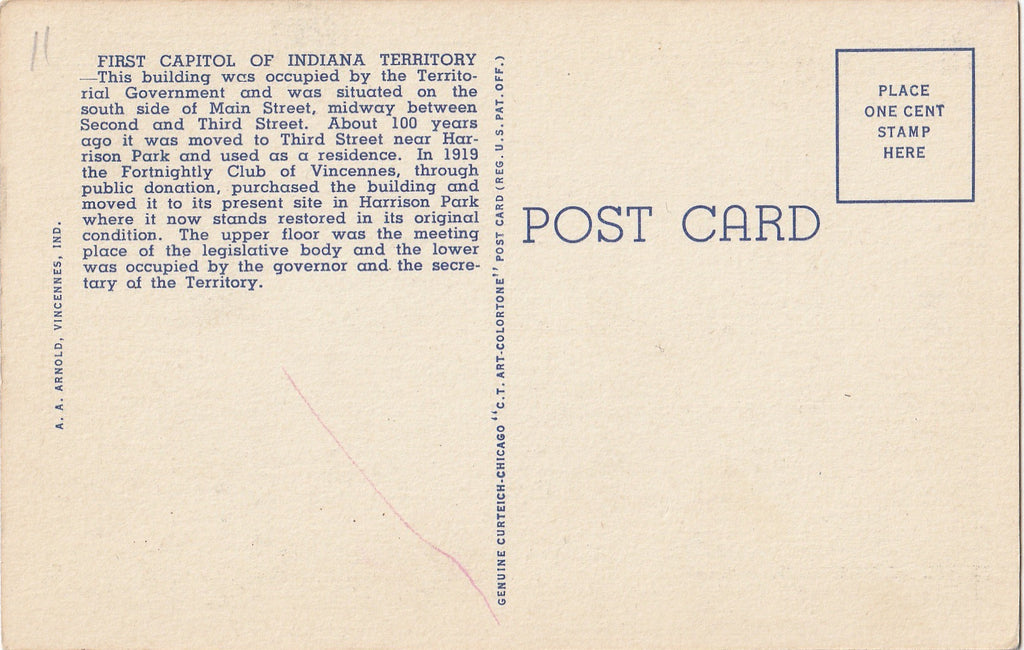 First Capitol of Indiana Territory Vincennes Postcard Back