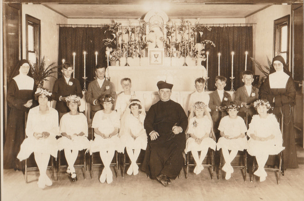 First Holy Communion Group Portrait - Nuns and Priest - Cabinet Photo, c. 1920s Close Up