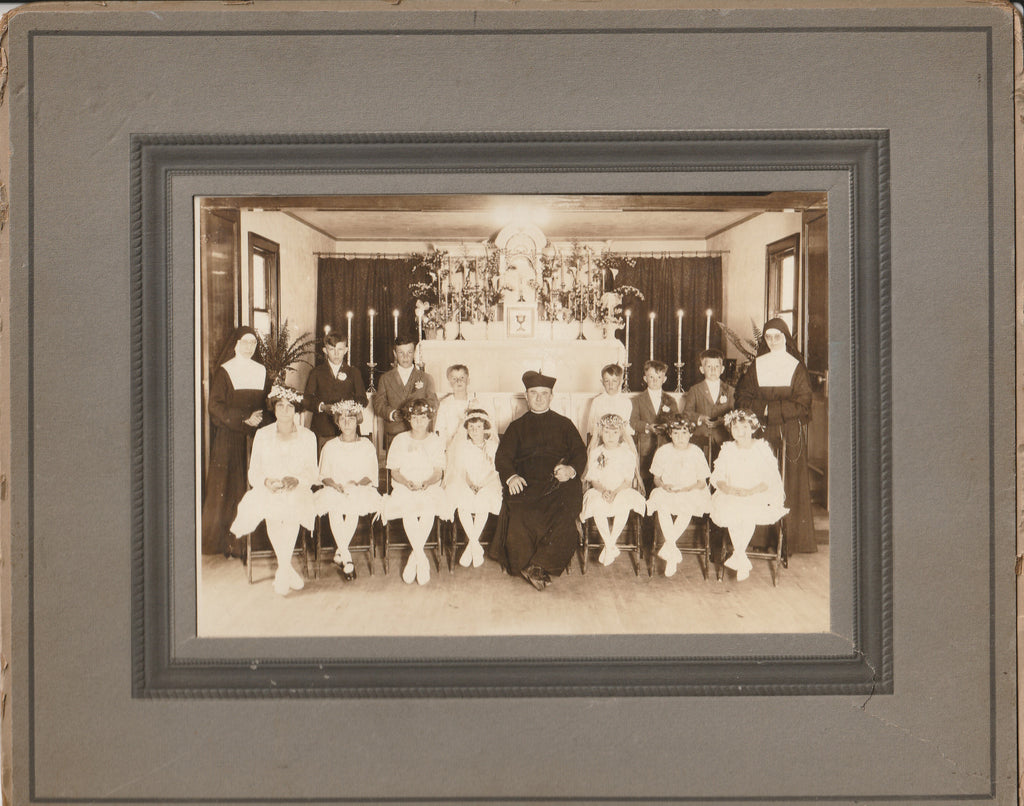 First Holy Communion Group Portrait - Nuns and Priest - Cabinet Photo, c. 1920s