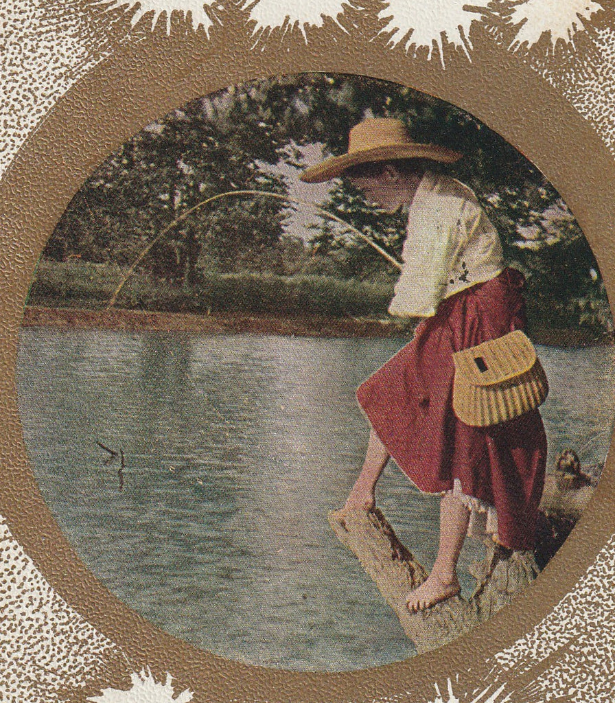 Fishing Girl - Postcard, c. 1910s Close Up