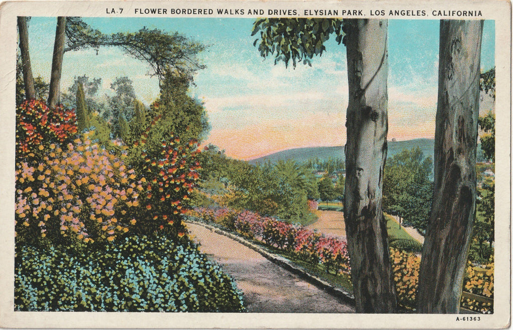 Flower Bordered Walks and Drives - Elysian Park, Los Angeles, CA - Postcard, c. 1930s