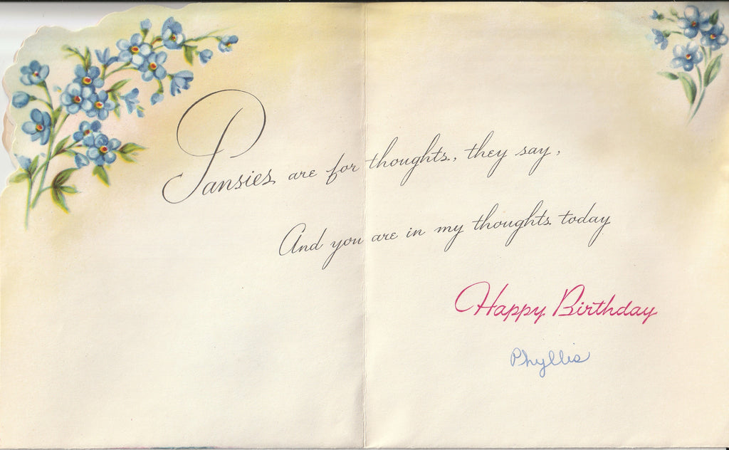 Fond Thoughts on Your Birthday Brought To You By Pansy - Pretty Petals - Card, c. 1950s - Inside 2