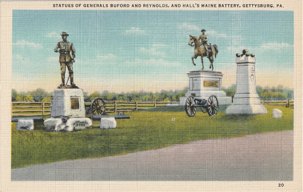 Statues of Generals Buford and Reynolds and Hall's Second Maine Battery in Gettysburg, PA. 