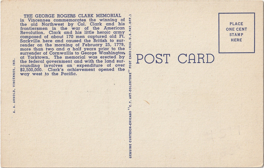 George Rogers Clark Memorial Vincennes IN Postcard Back