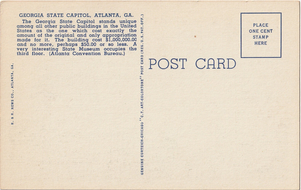 Georgia State Capitol Atlanta Georgia Postcard Back